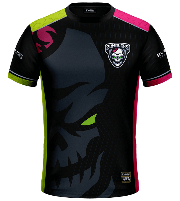 Official Zomblers black esports jersey with neon green and pink accents